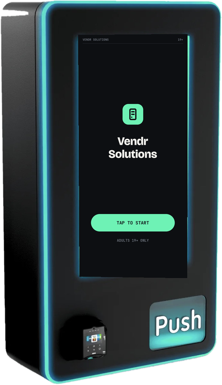 Wall-mounted vape vending machine with touchscreen, card reader and push-to-dispense tray